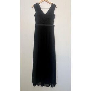 Eva Dress Womens XS Black Lace‎ Bodice Chiffon Maxi V Neck Formal Gown Evening